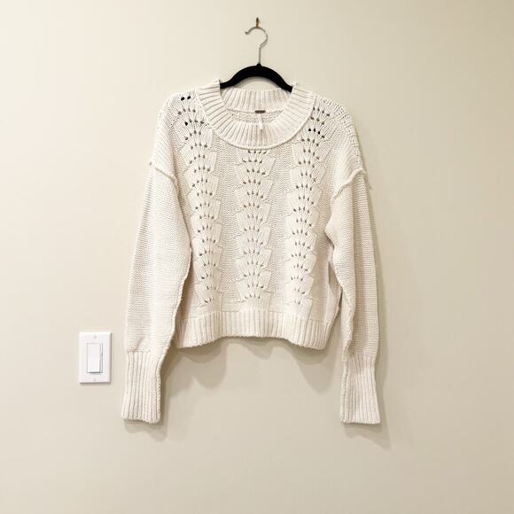 Free People Bell Song Knit Pointelle Sweater Long Sleeve  Bone White Size M NWT - Picture 10 of 13